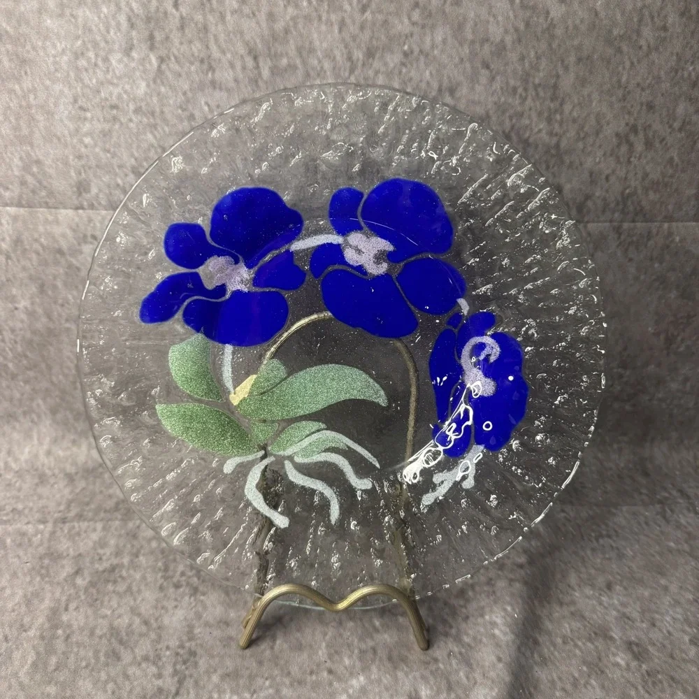 Sydenstricker Art Fused Glass Round Clear Plate Blue Orchids